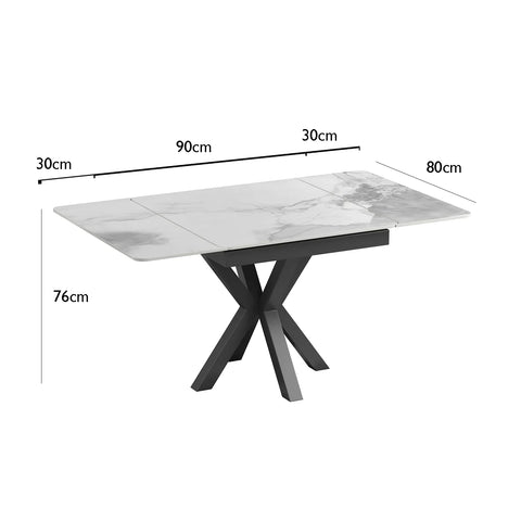 Casper Small 90cm White Sintered Stone Extending Dining Table with dimensions labeled on a white background