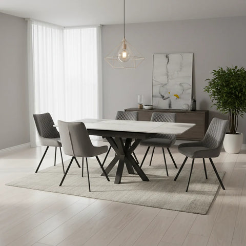 Modern dining room with a Casper 90cm White Sintered Stone Table with Velvet Chairs