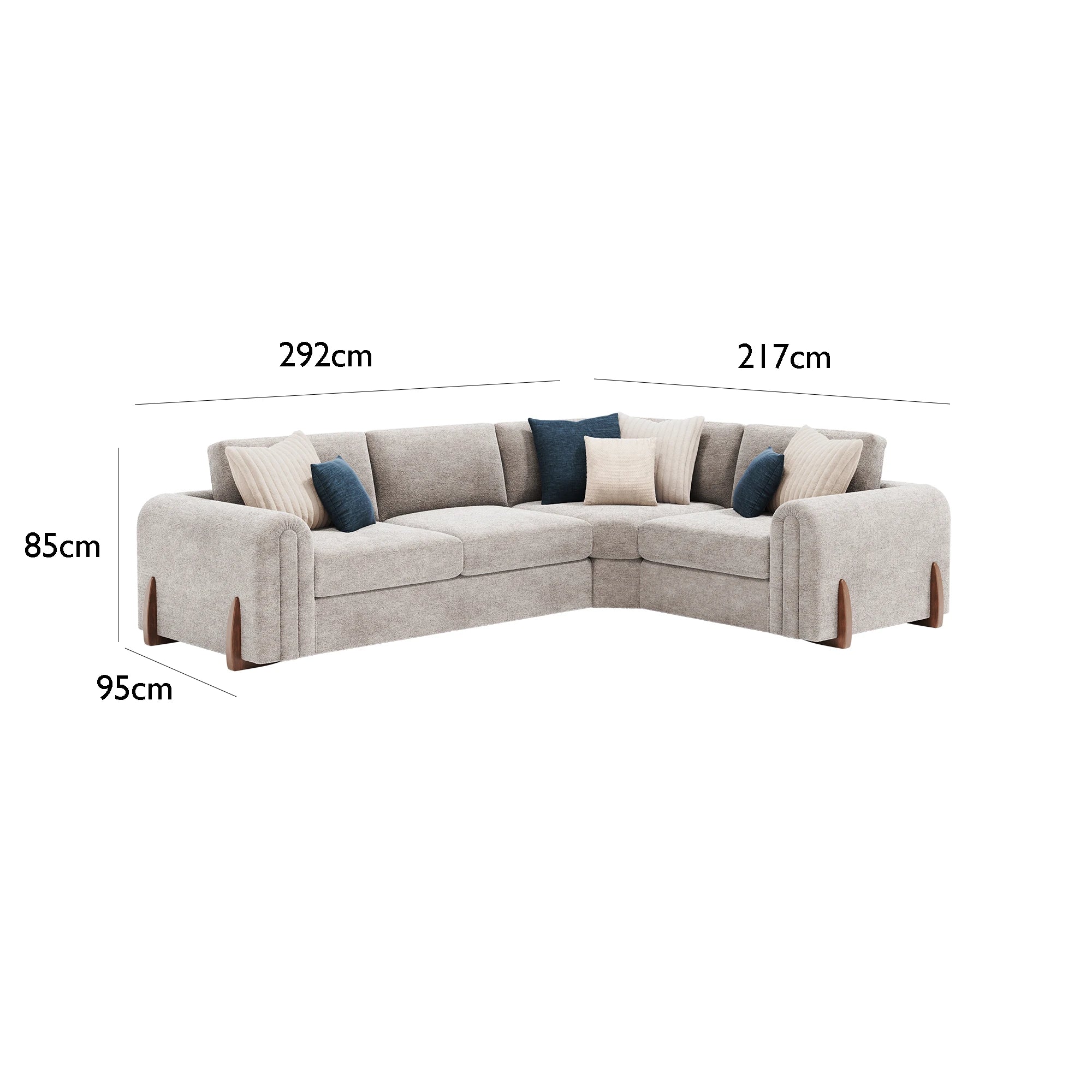 Cavendish 2 Corner 1 Fabric Sofa, 1 Seat on Right Hand Side and 2 Seats on Left Hand Side with dimensions labeled on a white background