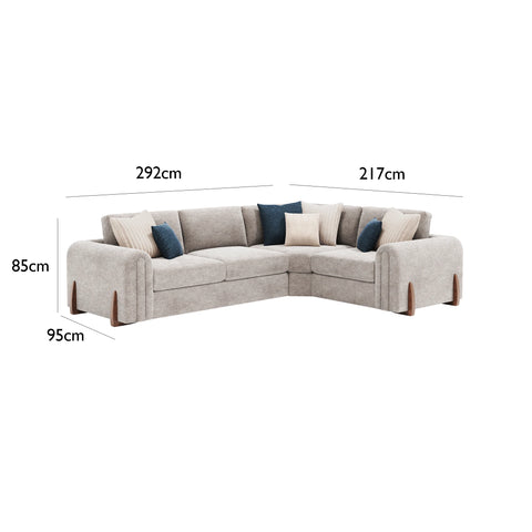 Cavendish 2 Corner 1 Fabric Sofa, 1 Seat on Right Hand Side and 2 Seats on Left Hand Side with dimensions labeled on a white background