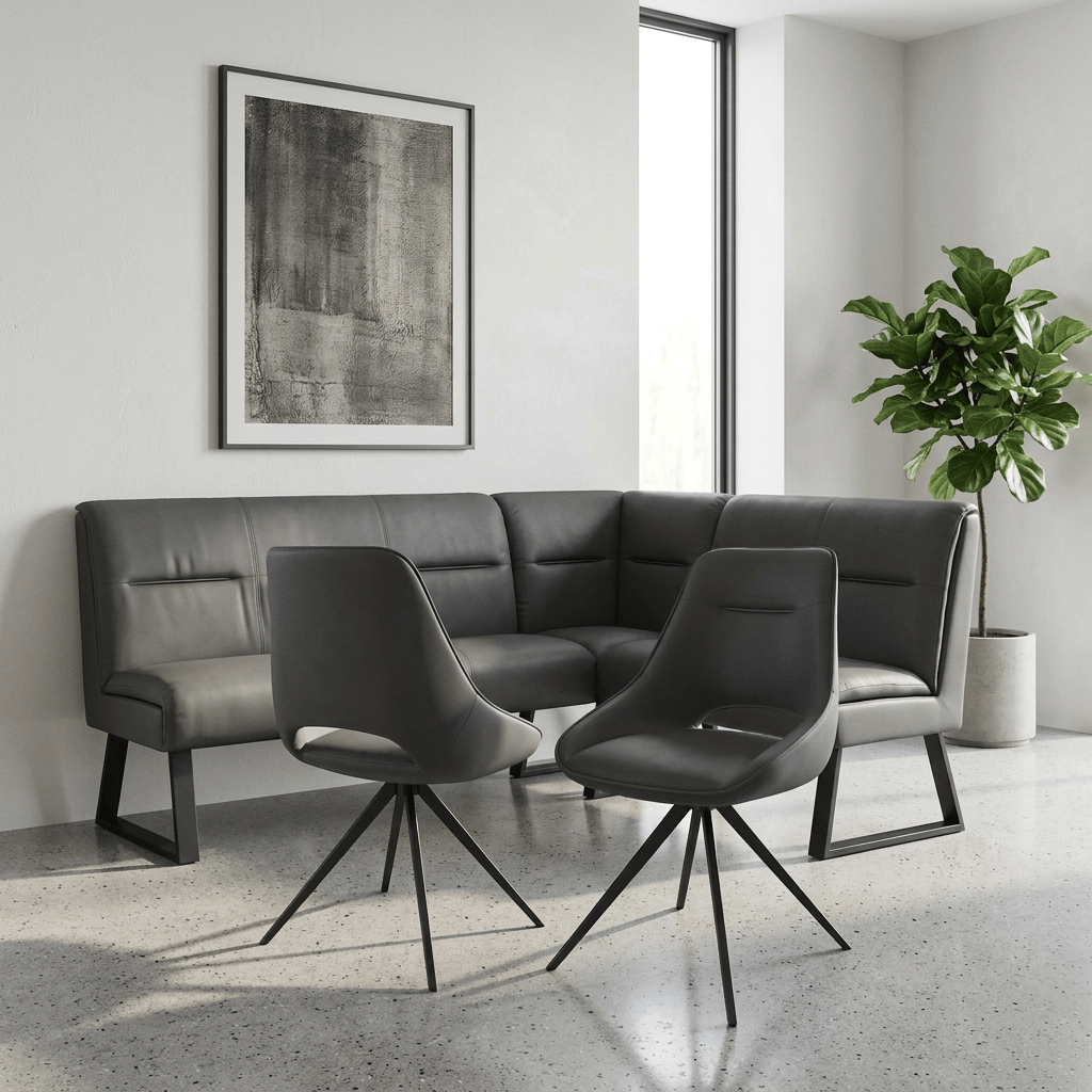 Grey Leather Corner Dining Bench and Chairs Set