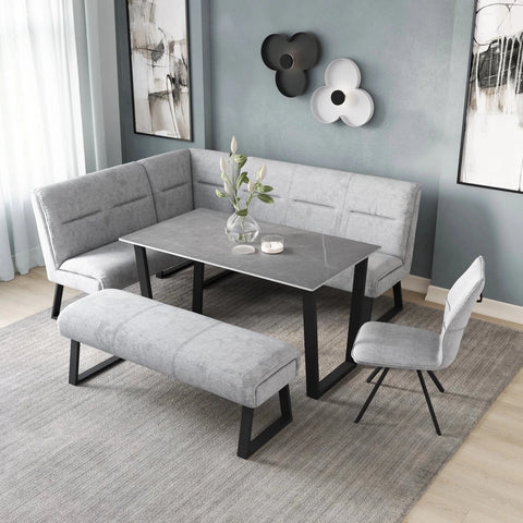 Modern Cerutti Grey Ceramic Dining Table with Fabric Corner Bench and Backless Bench Set