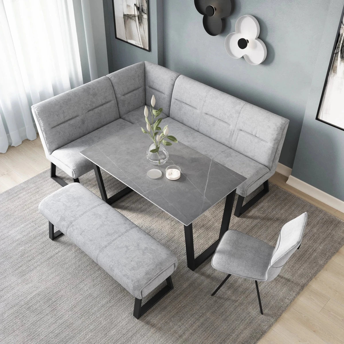 Cerutti Grey Ceramic Dining Table with Fabric Corner Bench and Backless Bench Set with Chair