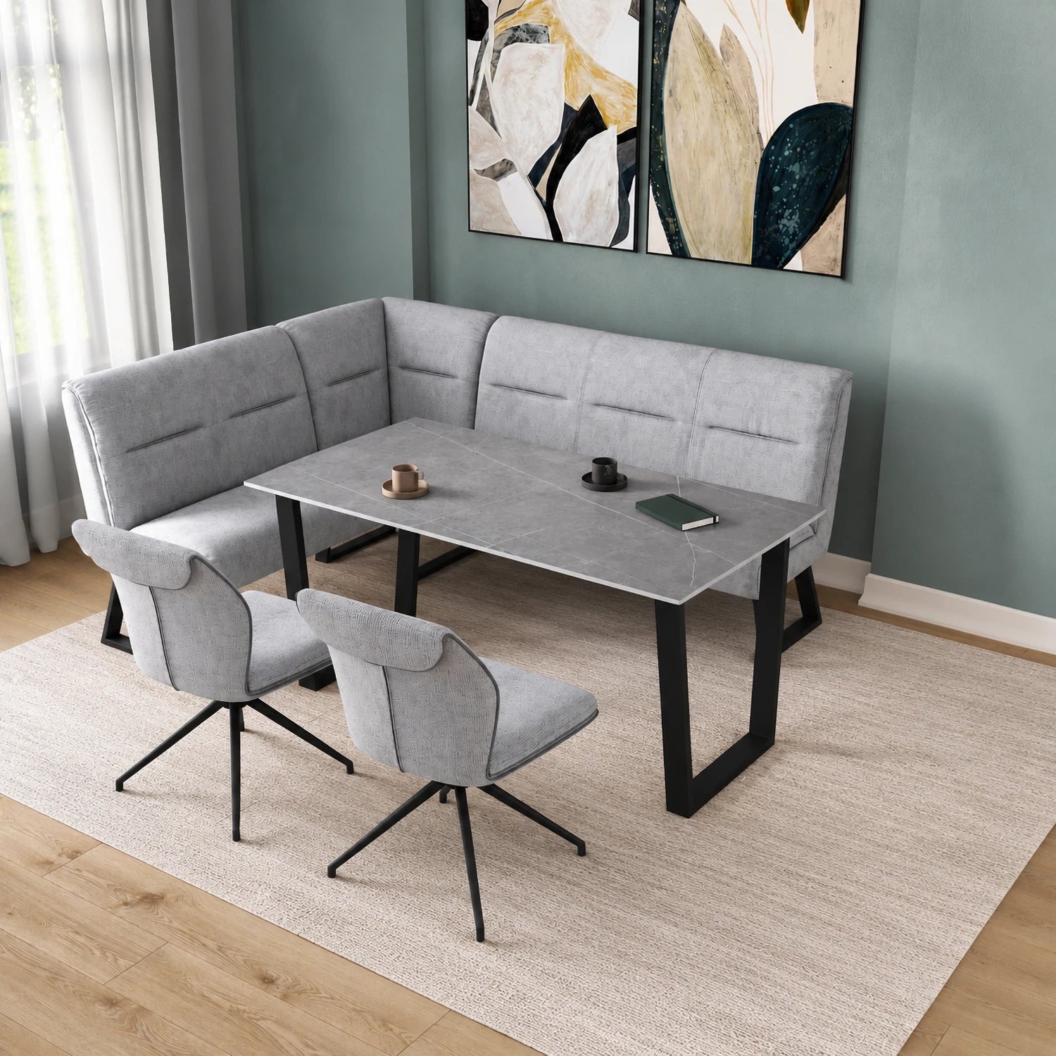 Cerutti Grey Fabric Corner Dining Bench with Table and Chairs