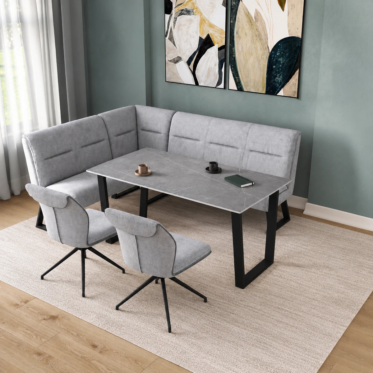 Cerutti Grey Fabric Corner Dining Bench with Table and Chairs