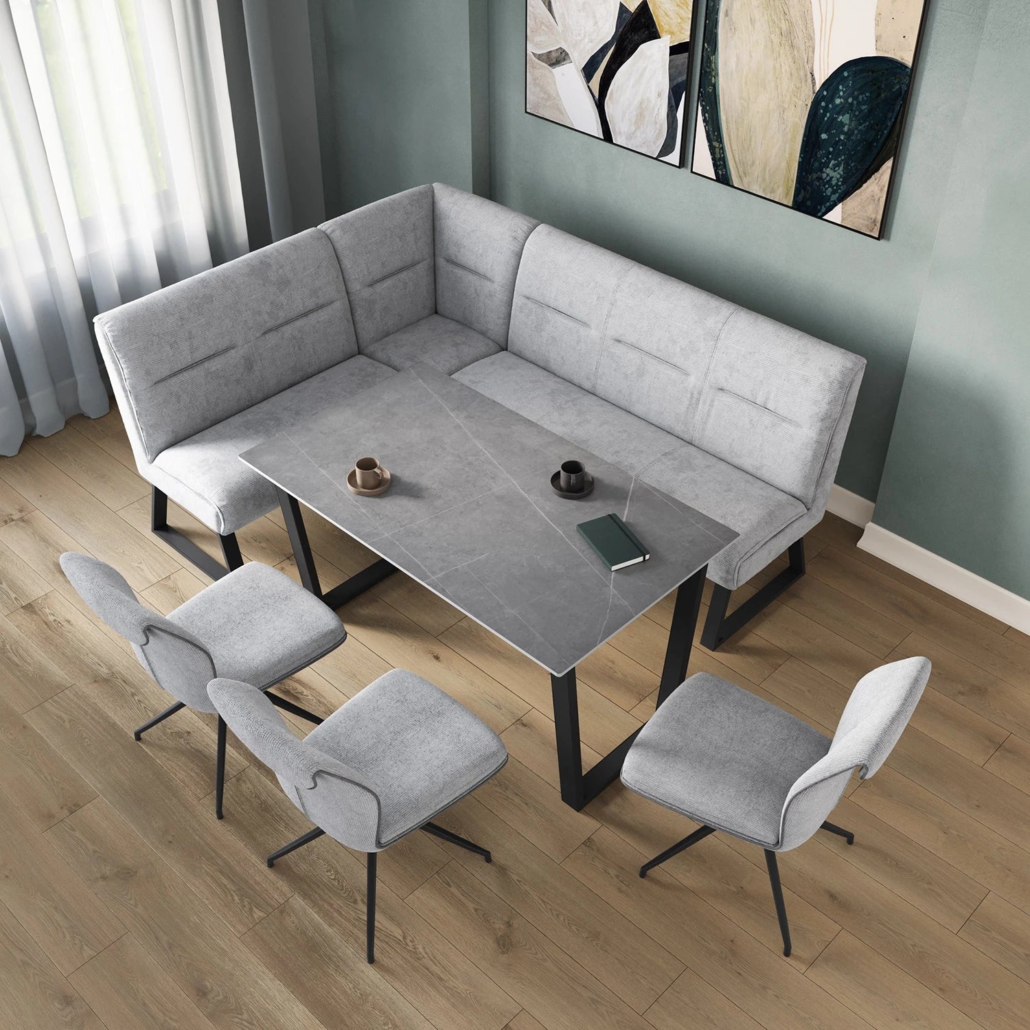 Cerutti Grey Fabric Corner Dining Bench with Grey Sintered Stone Table and Marcella Fabric Chairs