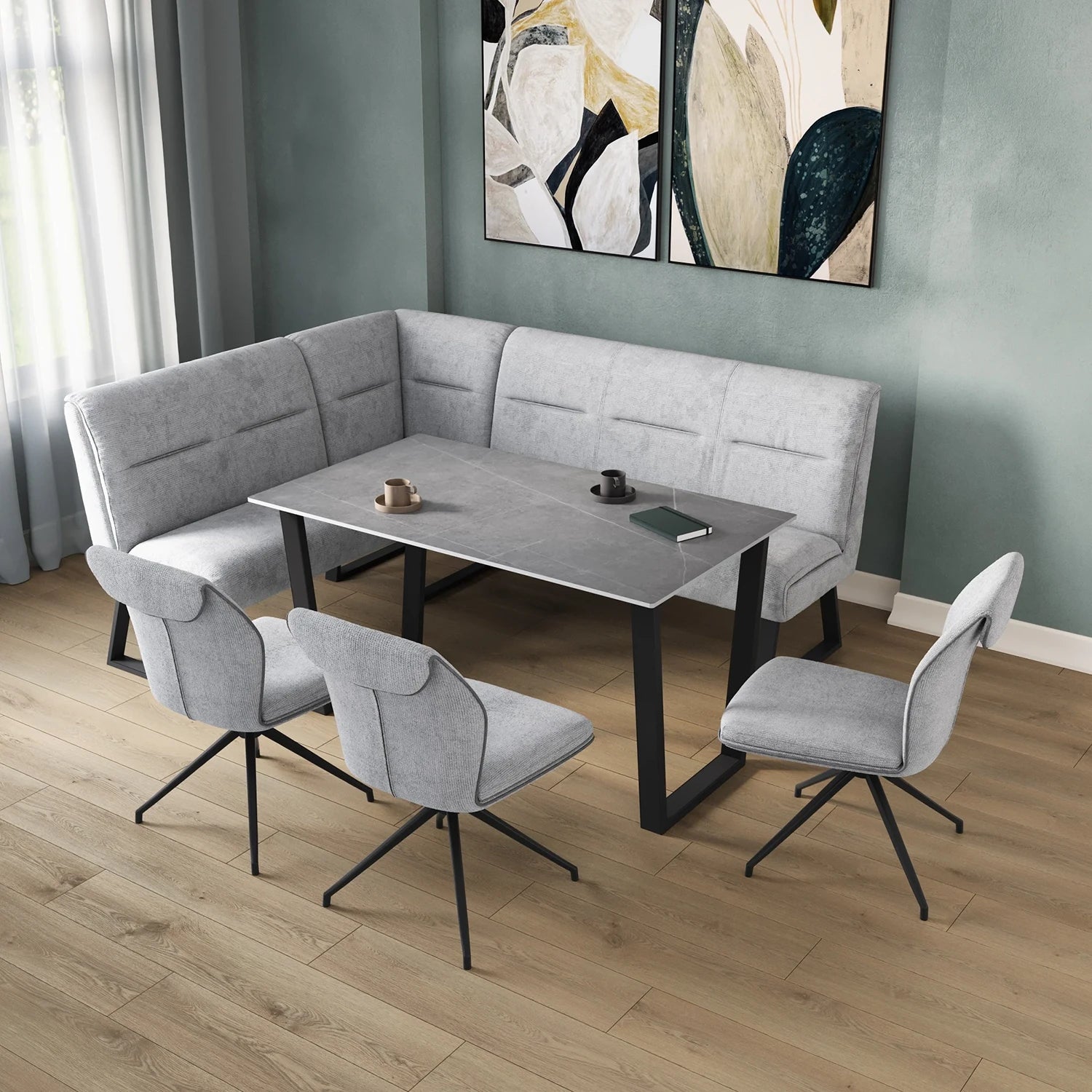 Cerutti Grey Fabric Corner Dining Bench with Grey Sintered Stone Table and Marcella Fabric Chairs Set