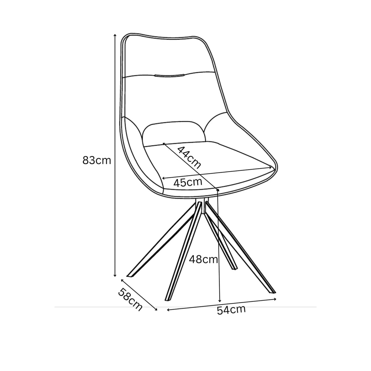 Black and white line drawing of cerutti swivel dining chair with dimension labels showing height, seat width, leg measurements, and base width.