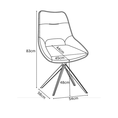 Black and white line drawing of cerutti swivel dining chair with dimension labels showing height, seat width, leg measurements, and base width.