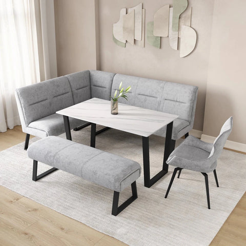 Shop the Cerutti White Matt Ceramic Dining Table with Grey Fabric Corner and Backless Benches. Choose the set alone or add a Westin Swivel Dining Chair.