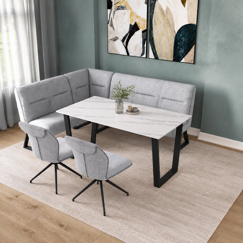 Cerutti Grey Fabric Corner Dining Bench with White Cerutti Table and Marcella Dining Chairs