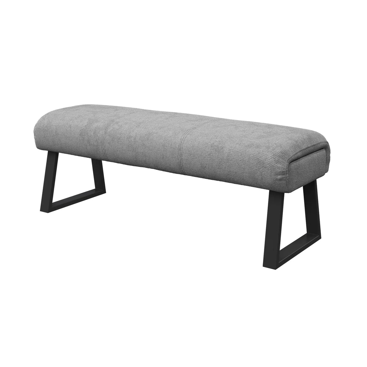 alt="Grey fabric backless dining bench with padded seat and grey powder coated legs"