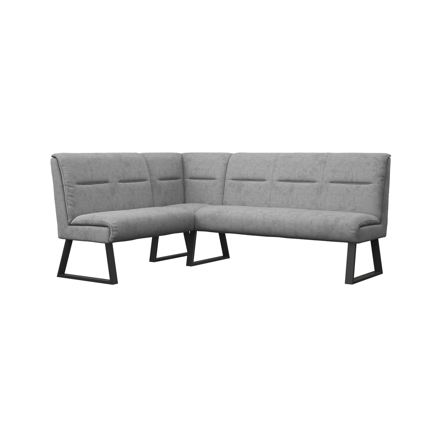 alt="Grey fabric L-shaped corner dining bench with padded backrest and grey powder coated legs on white background"