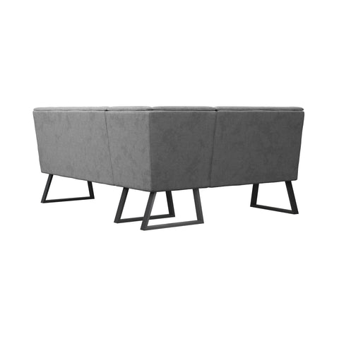 alt="Close-up of grey quilted fabric upholstery on Cerutti corner dining bench"