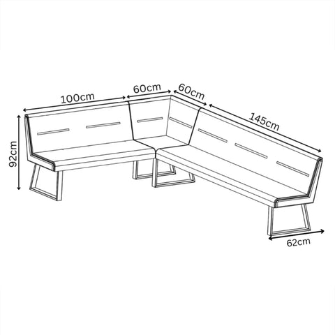 Dimensions of Grey Fabric Corner L Shaped Dining Bench with grey powder coated legs