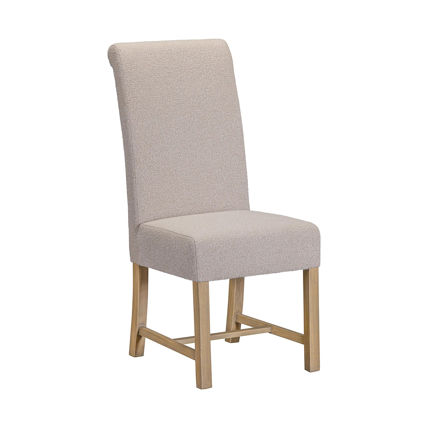 An upholstered dining chair with a tall backrest, light beige textured fabric, and light natural wood legs, shown on a plain white background.