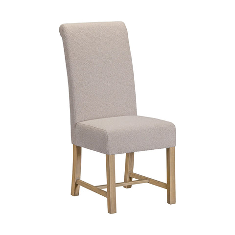 An upholstered dining chair with a tall backrest, light beige textured fabric, and light natural wood legs, shown on a plain white background.