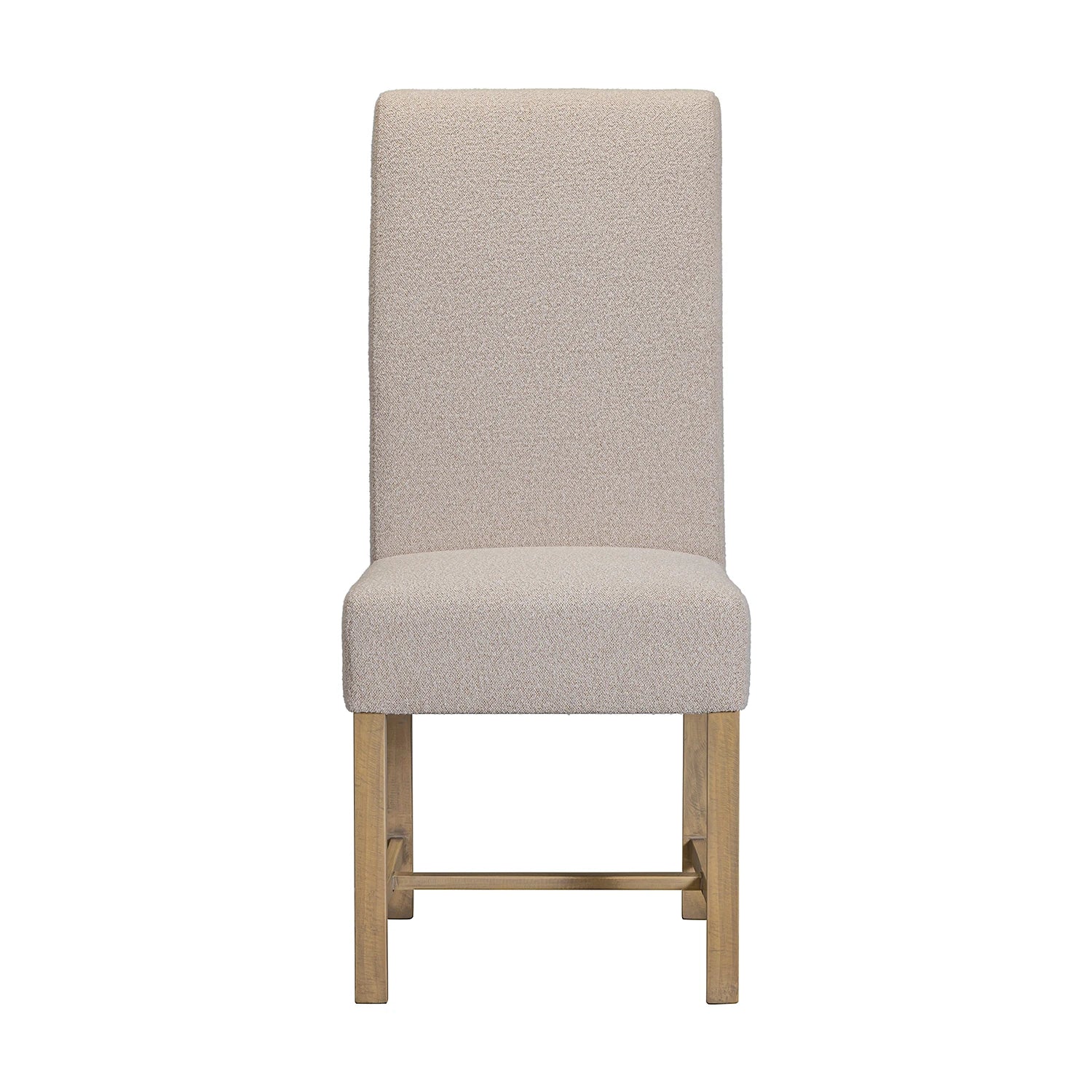 A modern dining chair with a tall, rectangular backrest upholstered in a textured light beige fabric, supported by a slim gold-finished metal frame with a footrest.