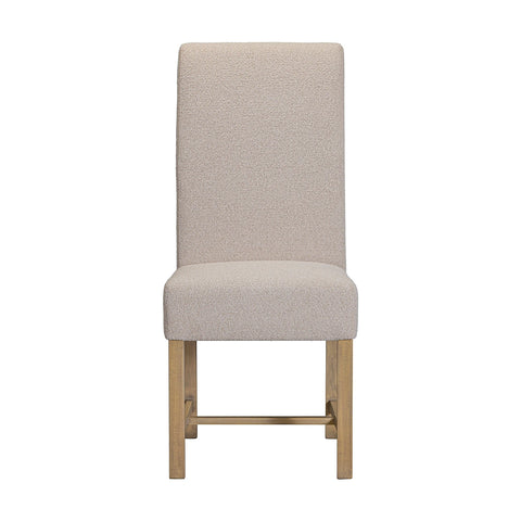 A modern dining chair with a tall, rectangular backrest upholstered in a textured light beige fabric, supported by a slim gold-finished metal frame with a footrest.