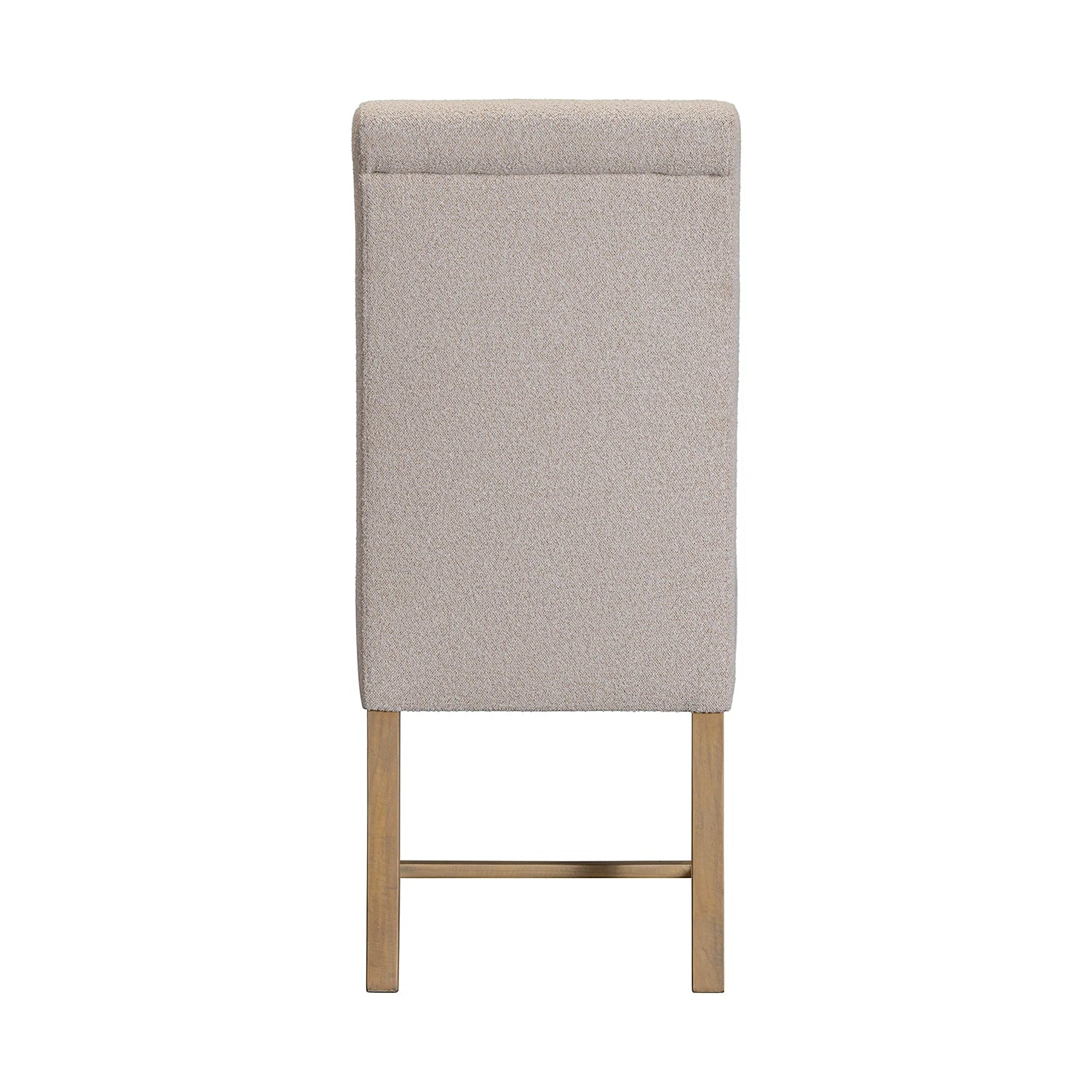 Back view of Chateau Hing Back Beige upholstered chair with wooden legs on a white background