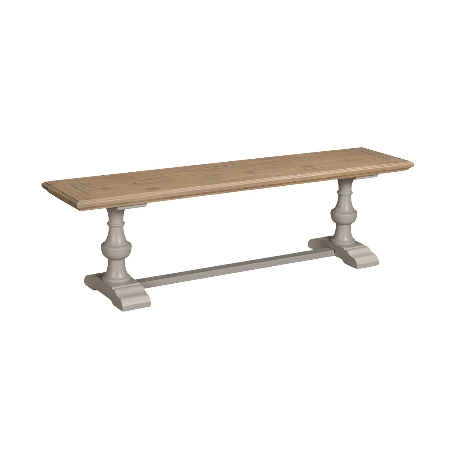 A rustic dining bench with a light natural wood seat and a painted gray base and stretcher bar, shown on a plain white background.