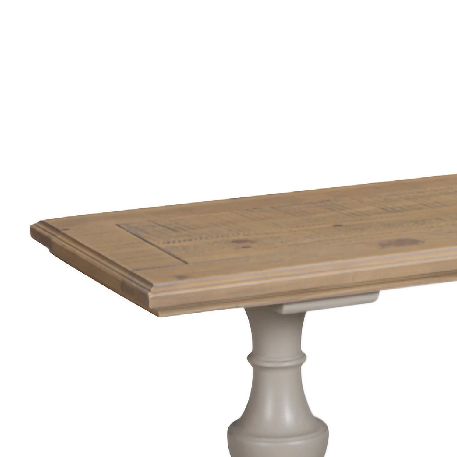 close up of A rustic dining bench with a light natural wood seat and a painted gray base and stretcher bar, shown on a plain white background.