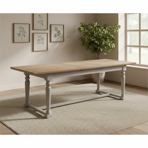 Chateau Rustic 200-250cm extension dining table with a rustic pine top, grey painted double pedestal base and timeless farmhouse styling.