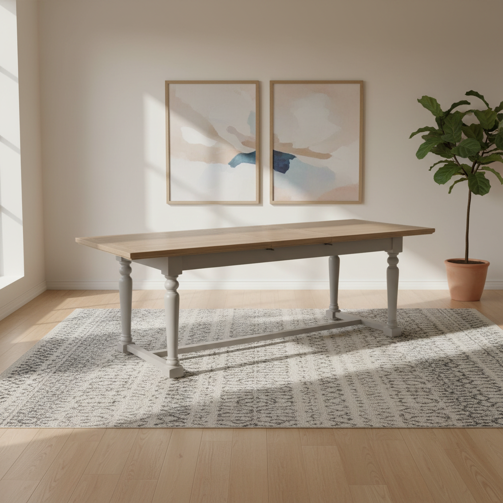 Shop the Chateau Rustic 200-250cm extension dining table with a rustic pine top, grey painted double pedestal base and timeless farmhouse styling.