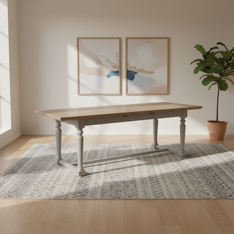 Shop the Chateau Rustic 200-250cm extension dining table with a rustic pine top, grey painted double pedestal base and timeless farmhouse styling.