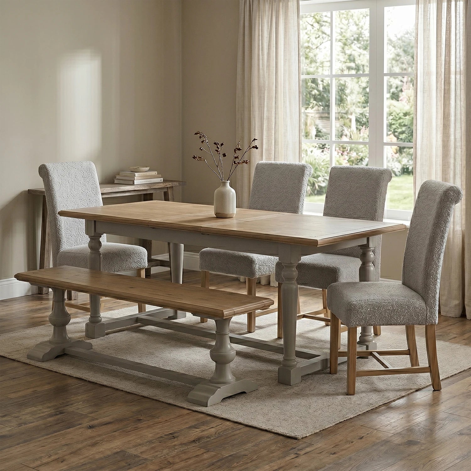 Chateau grey and rustic pine dining table set with 4 upholstered chairs and bench. Extending farmhouse dining table with timeless country style.
