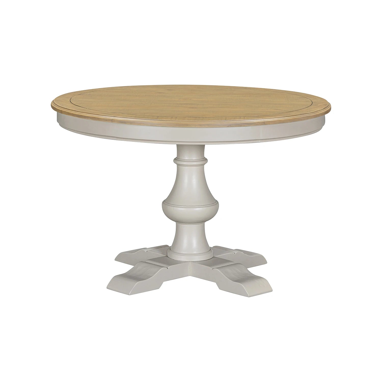 A round pedestal dining table with a light natural wood top and a distressed grey painted base 