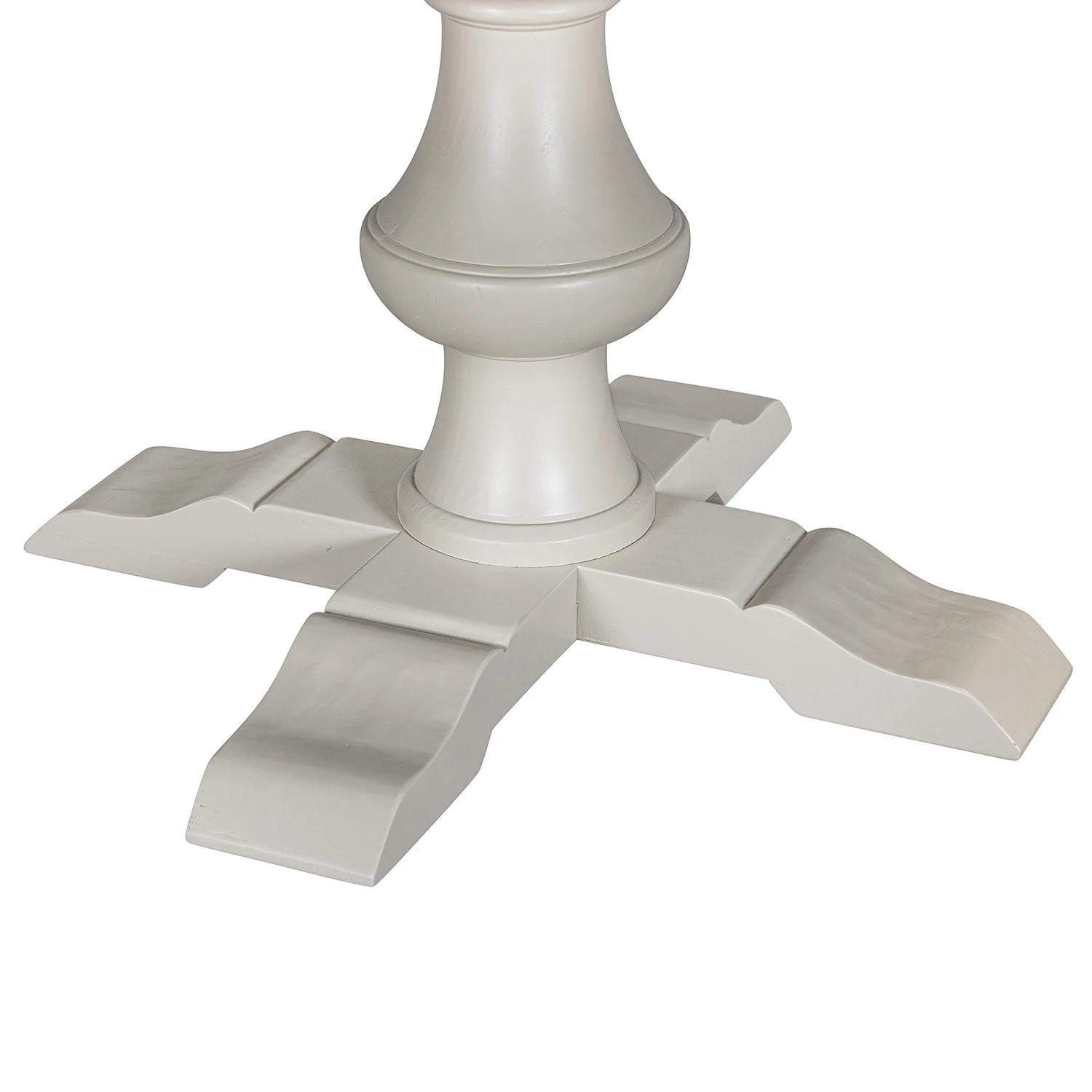 Close-up of a Chateau round dining table showing a light natural wood top and Grey pedestal base against a white background. 