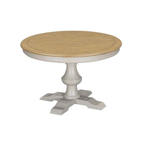 Shop the Chateau Grey & Rustic Pine round dining table. Farmhouse style with a rustic pine top, grey pedestal base and timeless country charm.