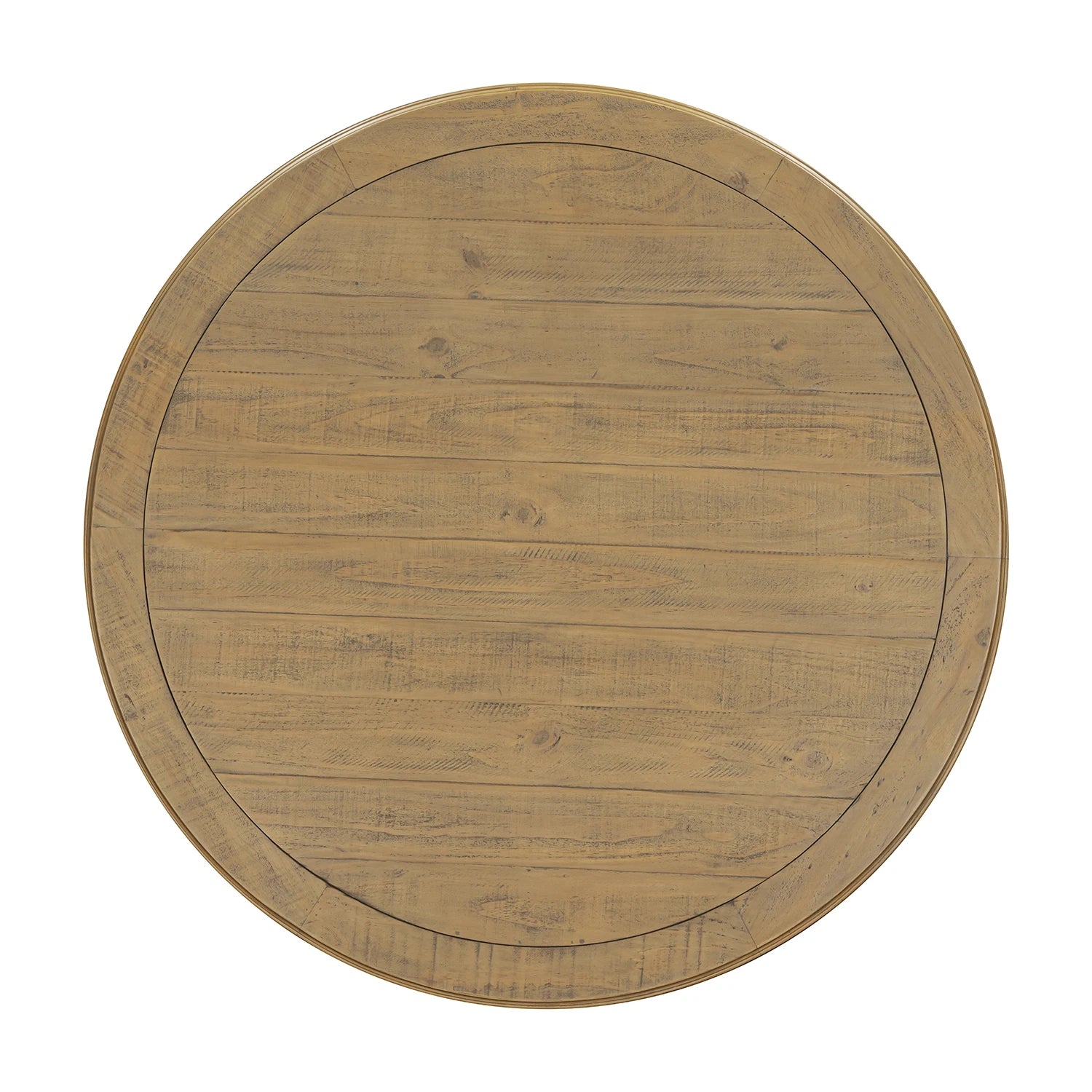 Round wooden dining table top with a rustic light brown finish and visible wood grain, shown from a top-down view on a white background.