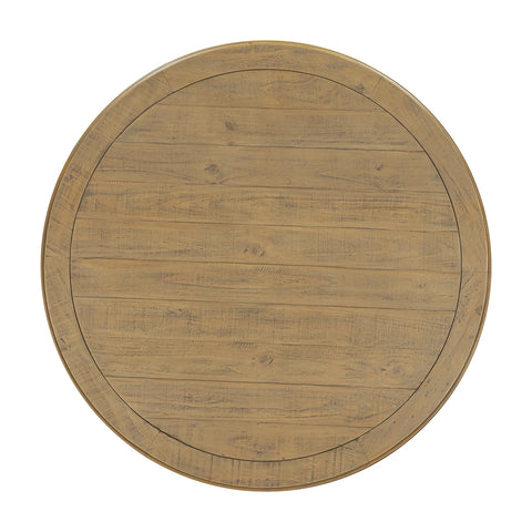 Round wooden dining table top with a rustic light brown finish and visible wood grain, shown from a top-down view on a white background.