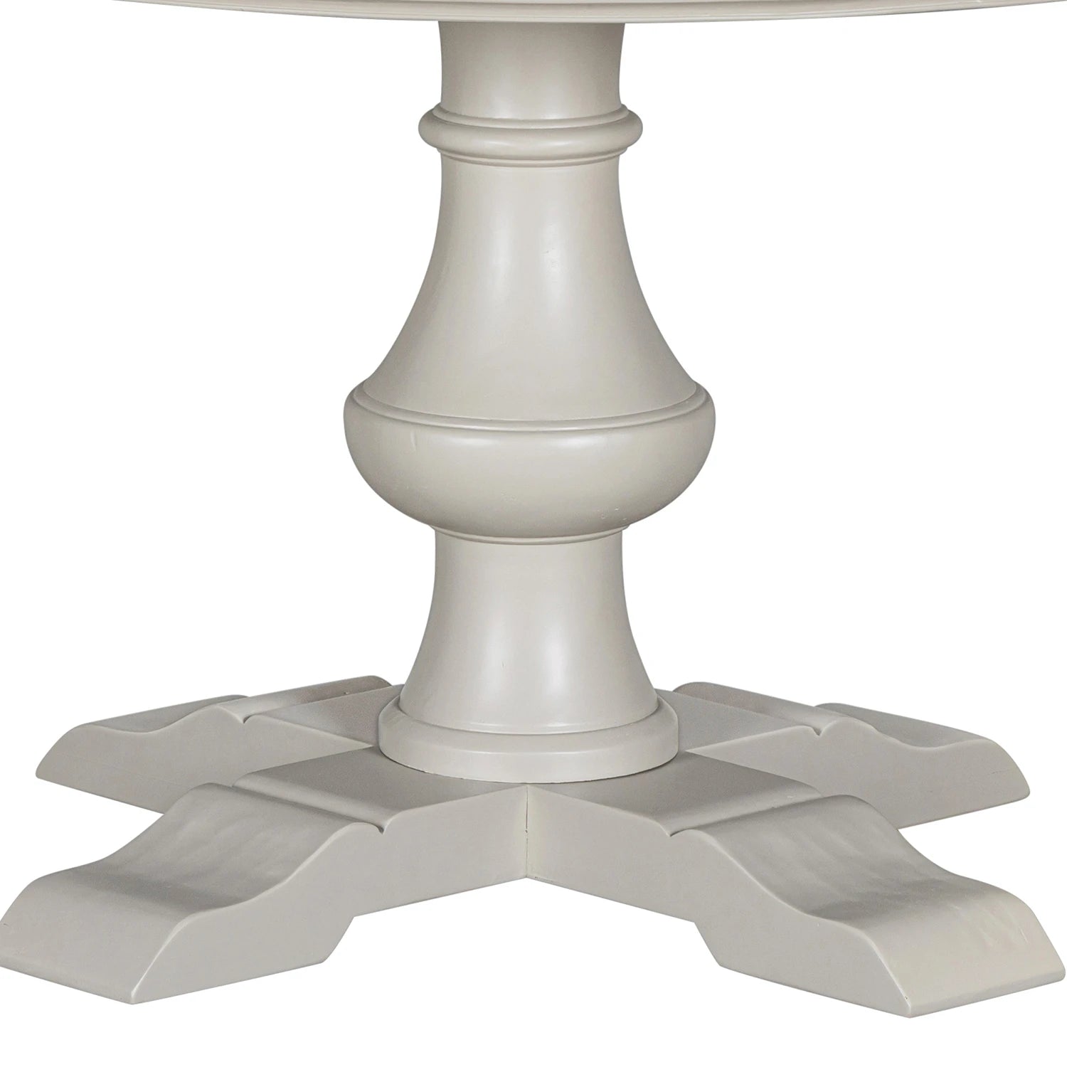 Close-up of a base of  Chateau round dining table showing a light natural wood top and Grey pedestal base against a white background. 