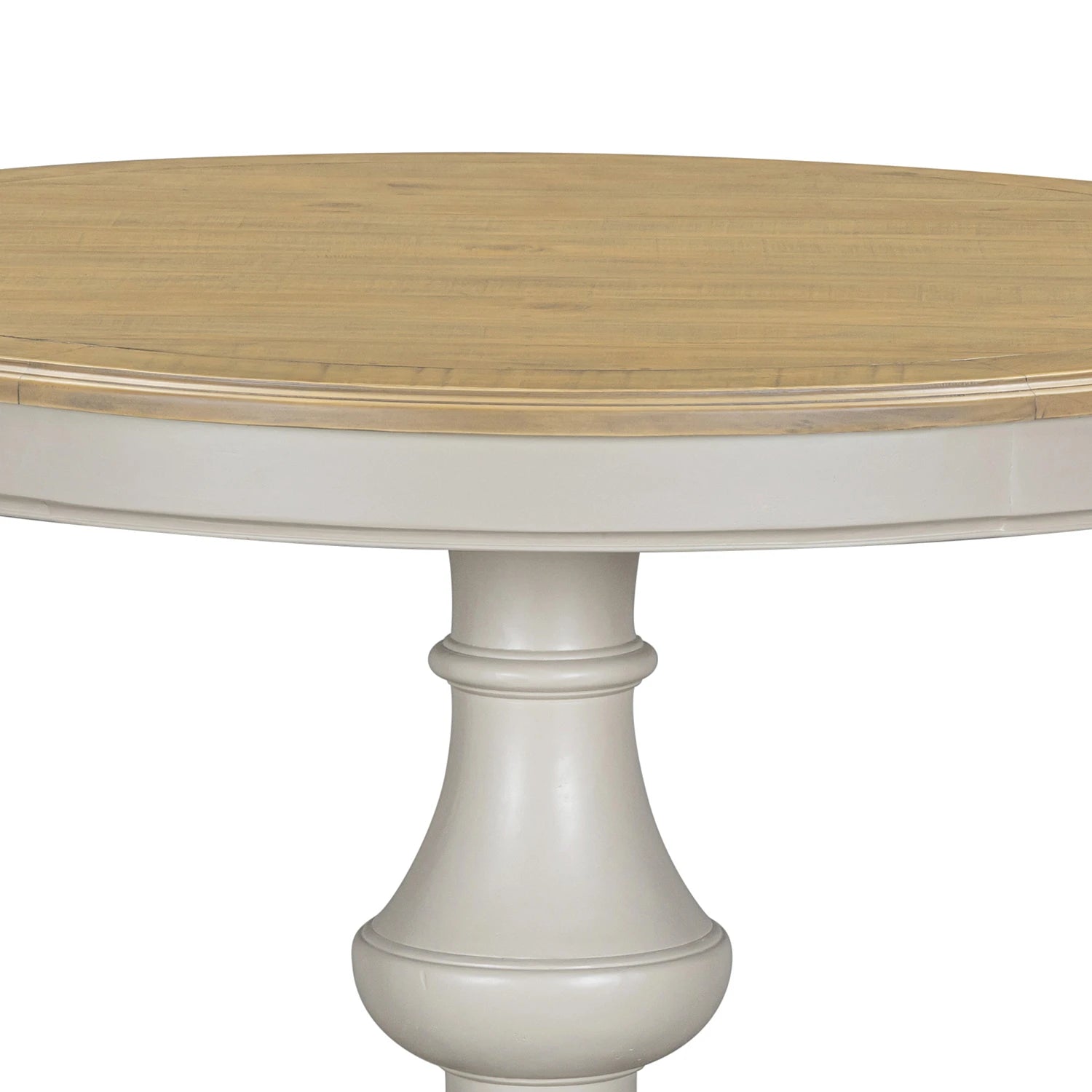A close-up of a rChateau Grey & Rustic Pine Round Dining Table