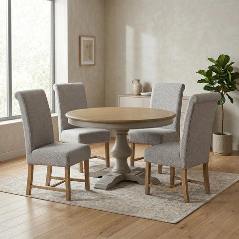 Shop the Chateau Grey & Rustic Pine round dining table set with 4 upholstered chairs. Farmhouse style crafted from quality pine with a timeless two-tone finish.
