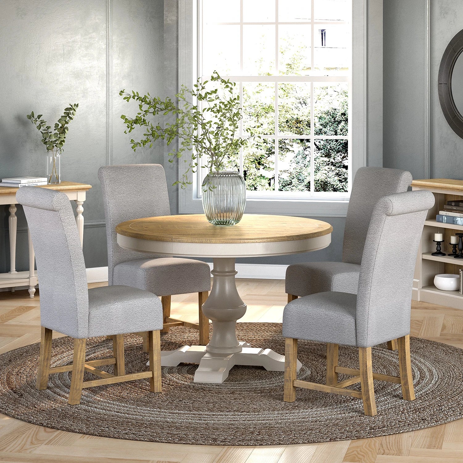Chateau Grey & Rustic Pine Round Dining Table Set with 4 Chairs