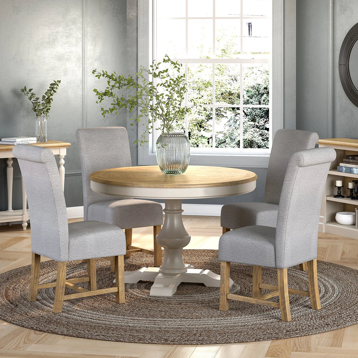 Chateau Grey & Rustic Pine Round Dining Table Set with 4 Chairs