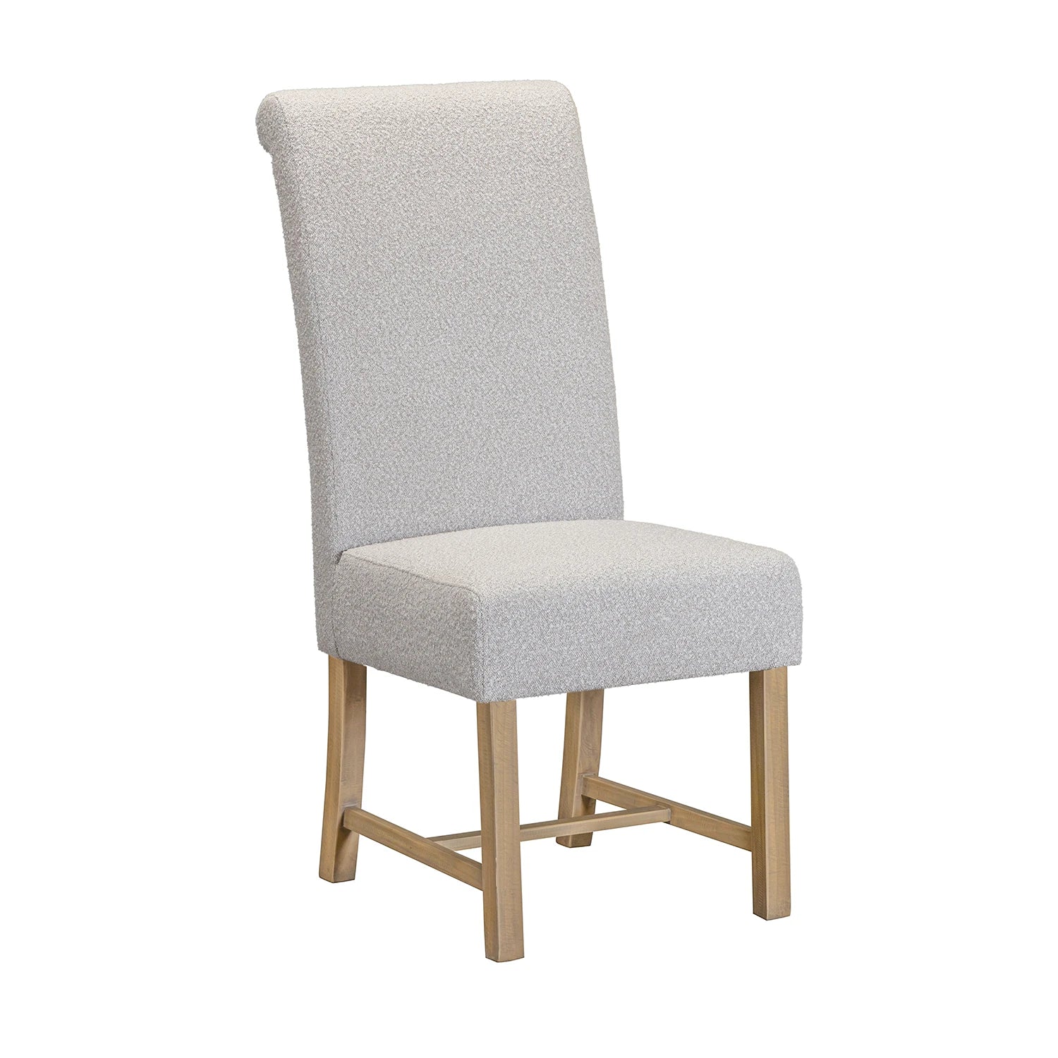 Gray upholstered chair with wooden legs on a white background