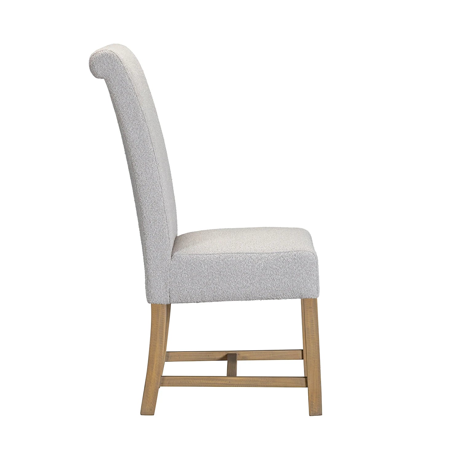 Gray upholstered chair with wooden legs on a white background side view