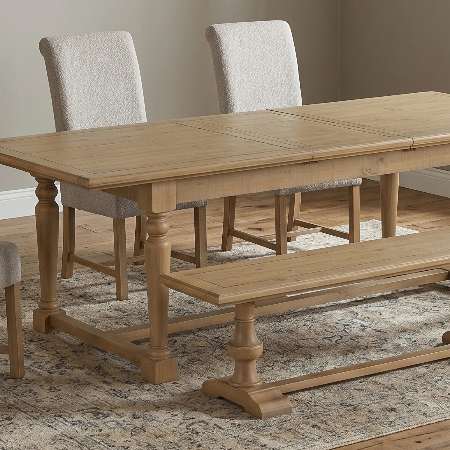 Shop the Chateau Rustic dining table set with 4 beige upholstered chairs and bench. Solid pine extending dining set with timeless farmhouse style.