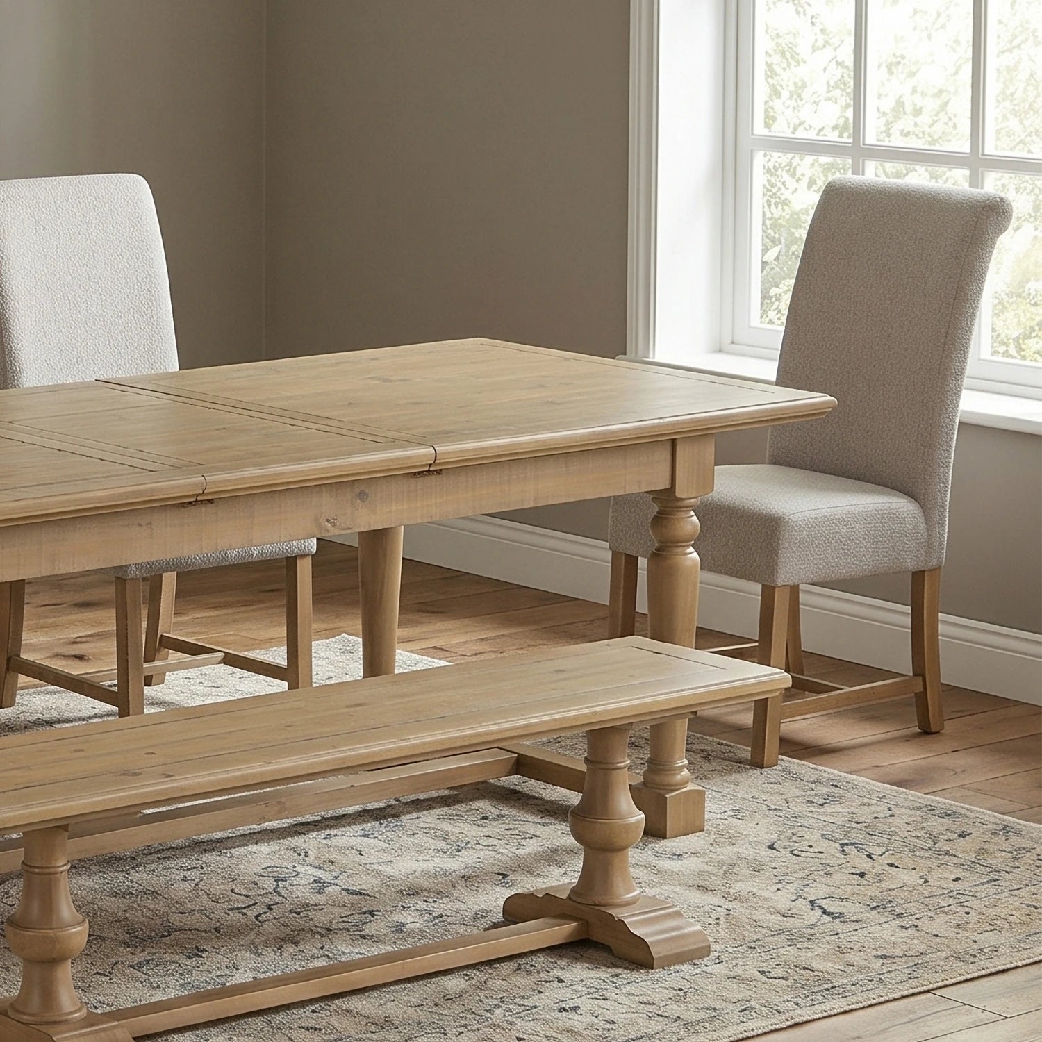 A light natural wood dining table with a matching bench and upholstered dining chairs in a bright dining room setting.