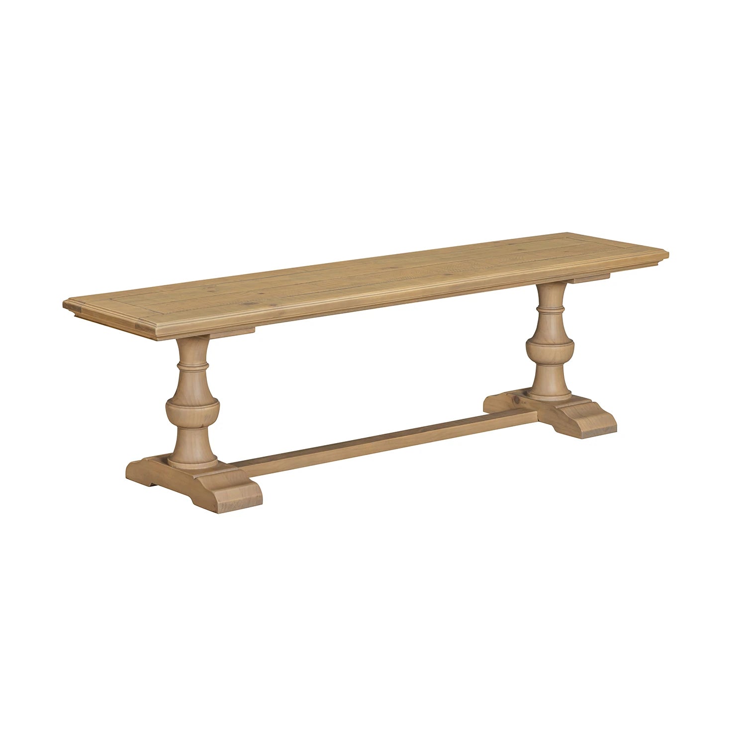 A light natural wood bench with turned pedestal legs and a stretcher base, shown on a plain white background.