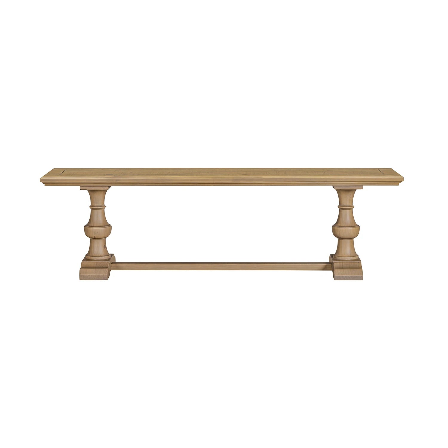 A rustic-style wooden dining bench with turned pedestal legs and a front support rail, shown against a plain white background.