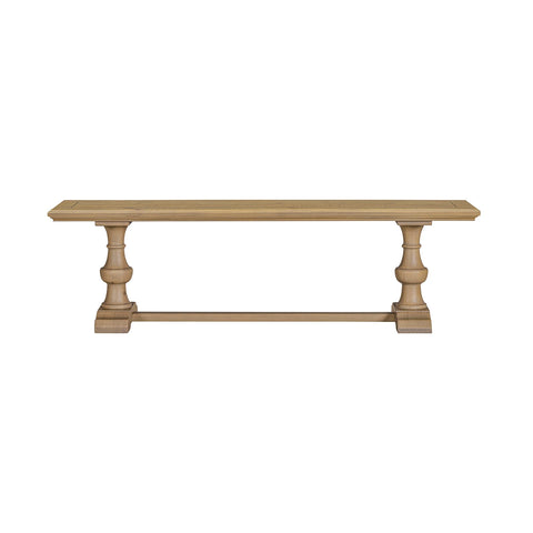 A rustic-style wooden dining bench with turned pedestal legs and a front support rail, shown against a plain white background.
