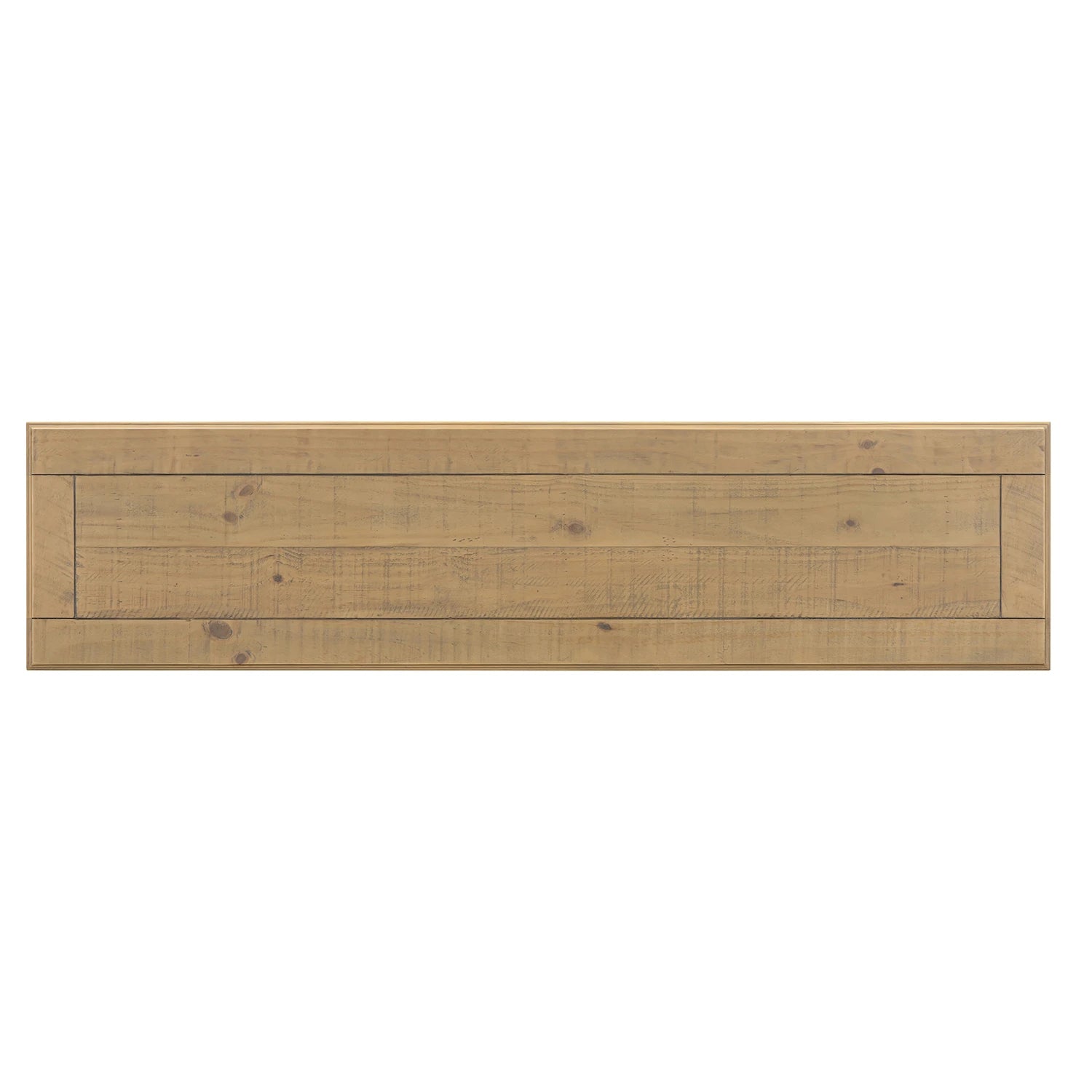 Top view of A rustic-style wooden dining bench with turned pedestal legs and a front support rail, shown against a plain white background.