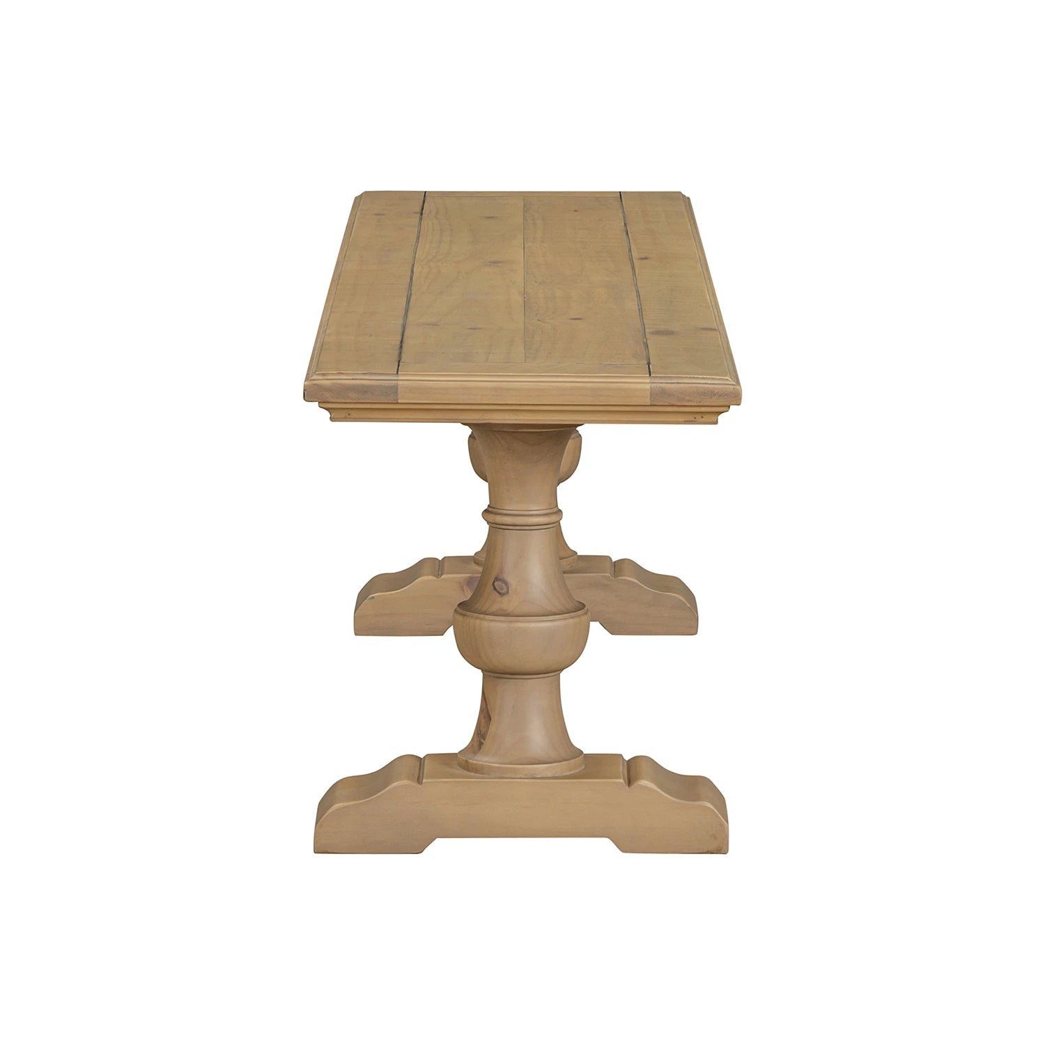 A rustic light oak wood pedestal Dining bench with a rectangular top and turned central base, shown against a plain white background.