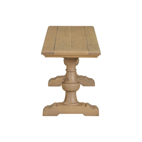 A rustic light oak wood pedestal Dining bench with a rectangular top and turned central base, shown against a plain white background.